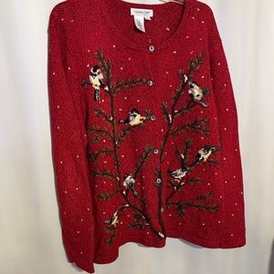 Coldwater Creek Red Cardigan with Bird Embroidery